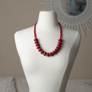 Vintage Red Wood Beads and Metal Necklace